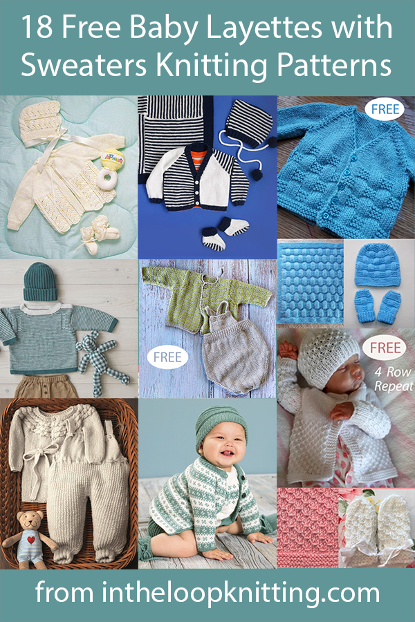 Free knitting patterns for baby layette sets that include baby pullover sweaters or cardigans. Most patterns are free. Updated 7/3/23