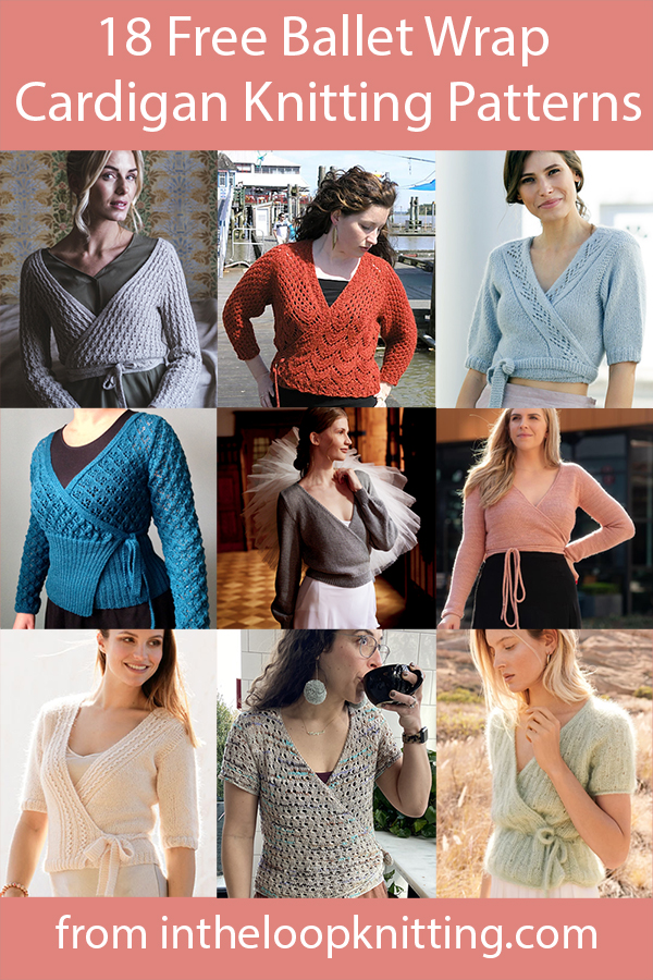 Free knitting patterns for cardigans with ballerina wrap crossover tie fronts.