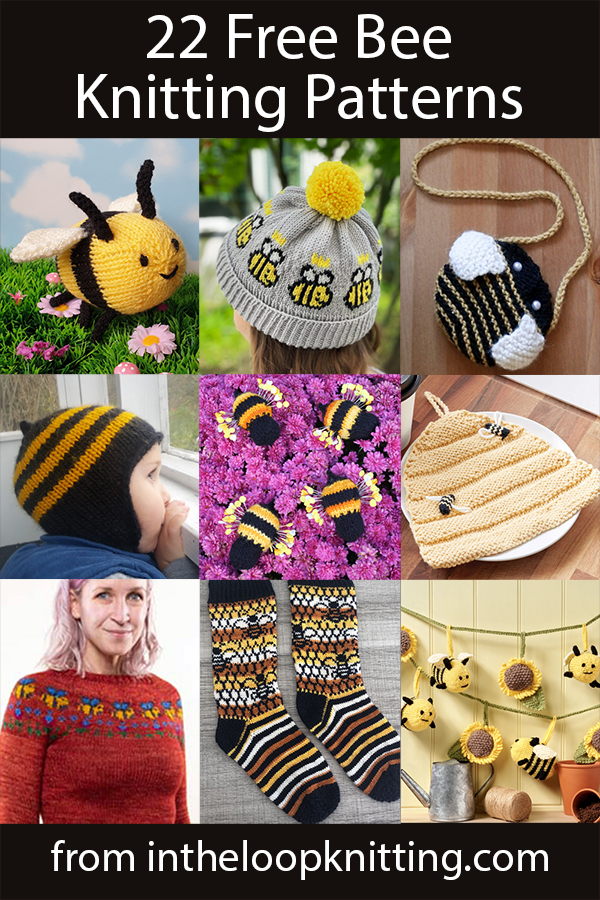 Bee Knitting Patterns featuring bee and honey motifs including blankets, hats, and other projects.