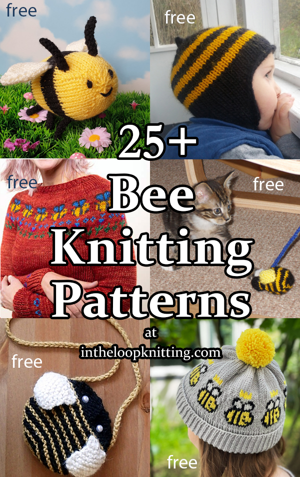 Bee Knitting Patterns featuring bee and honey motifs including blankets, hats, and other projects.
