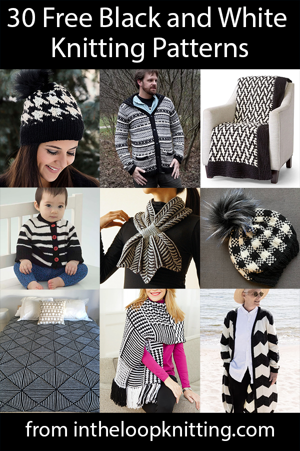Free knitting patterns for shawls, cowls, hats, sweaters, blankets, and more knit in black and white. Most patterns are free.