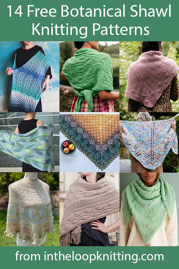 Free knitting patterns for shawls with leaf, plant, tree, and flower motifs.