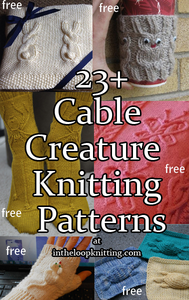 Cable Creatures Knitting Patterns. I’m fascinated by cable motifs that look like animals such as owls, rabbits, snakes, spiders, mice, etc. or natural objects. These motifs can be used on blankets, hats, mitts, and more. Most patterns are free.