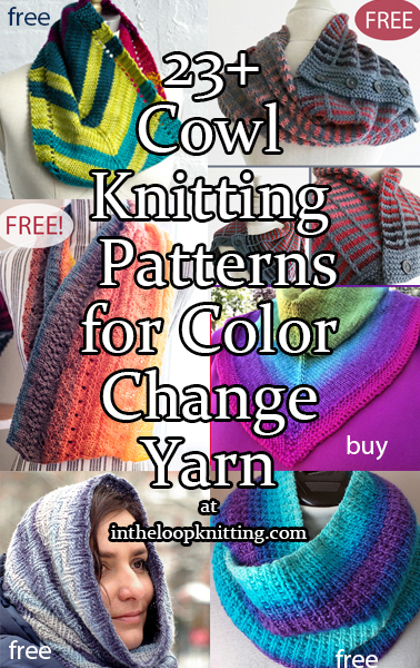 Knitting patterns for cowls knit with color-change cake, self-striping, long gradient, ombre, and multi-colored yarns. Most patterns are free. Updated 12/2/22