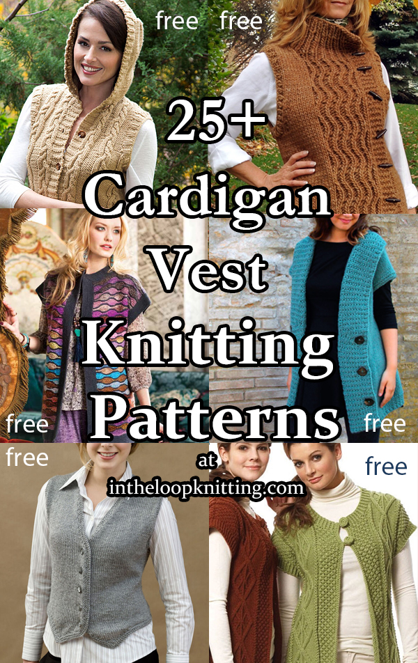 Free knitting patterns for sleeveless cardigan style vests buttoned in front. Most patterns are free.