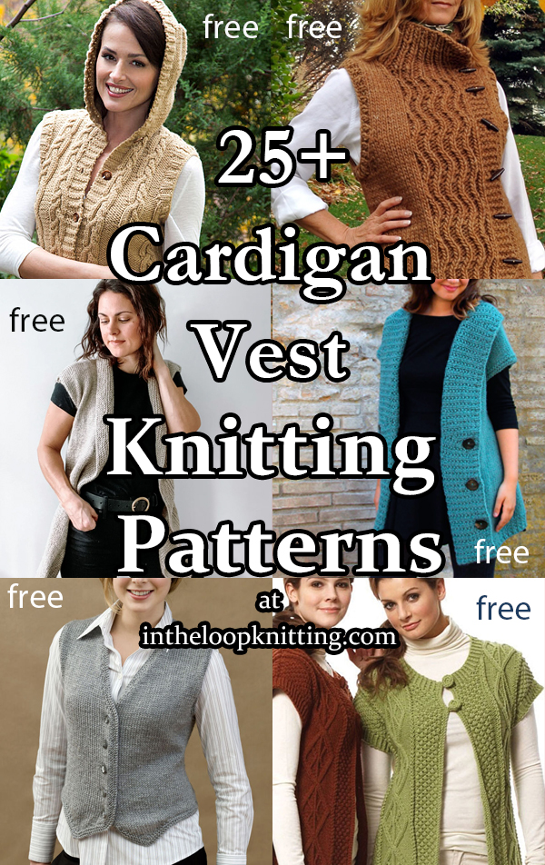 Free knitting patterns for sleeveless cardigan style vests buttoned in front. Most patterns are free.