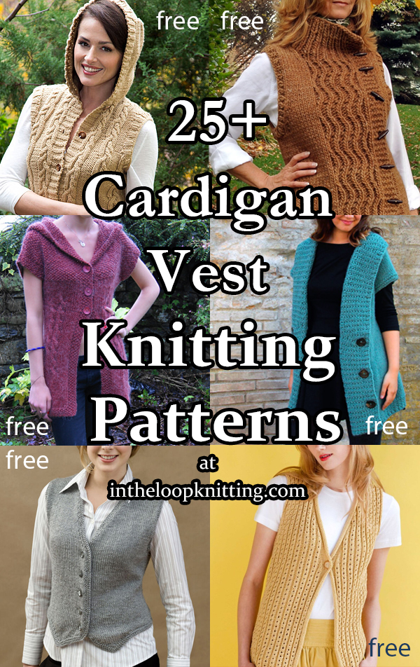 Knitting patterns for sleevless cardigan style vests buttoned in front. Most patterns are free. Updated 10/28/2022