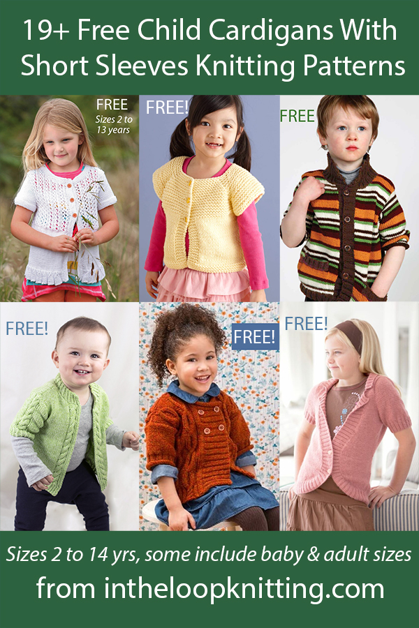 Free knitting patterns for short-sleeved cardigan sweaters for girls and boys. Many of the patterns are free. Updated 4/30/23