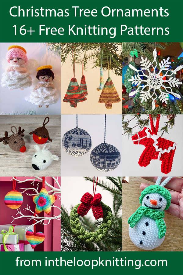 Knitting patterns for Christmas tree ornaments including stars, snowflakes, angels, snowflakes, Santa, and more holiday motifs. Many of the patterns are free