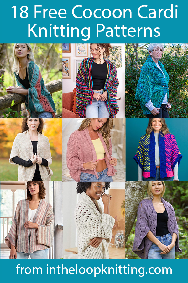 Cocoon Cardigan Knitting patterns for cozy cardigans, often easy, with a scooped silhouette. Many are knit flat in one piece, with or without added sleeves. Most patterns are free.