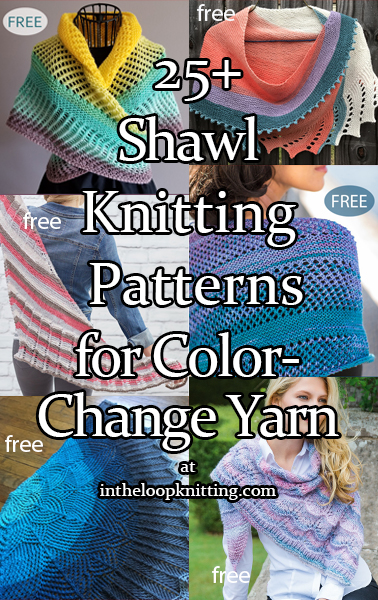 Knitting patterns for shawls knit with color-change cake, self-striping, long gradient, ombre, and multi-colored yarns. Most patterns are free.