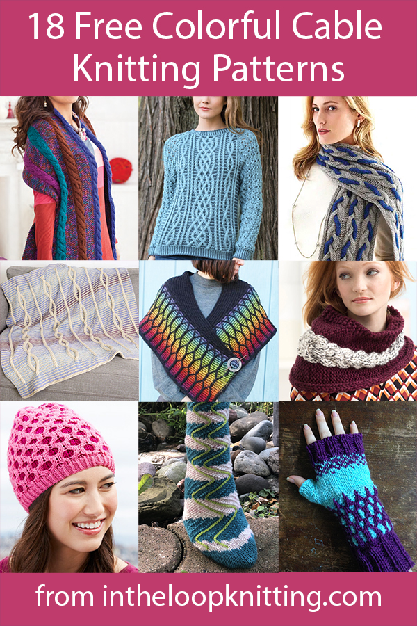 Free knitting patterns knit with cables in two colors including shawls, sweaters, socks, hats, blankets, and more. Most patterns are free.