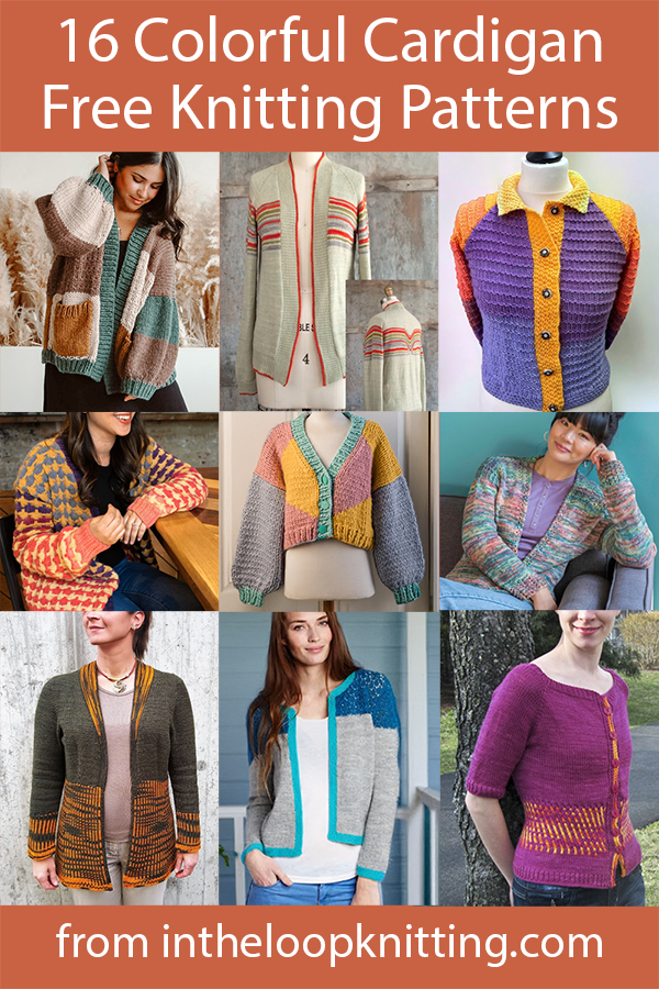 Free knitting patterns for women's cardigans with colorful stripes and patterns. Includes stash busters. Most patterns are free.
