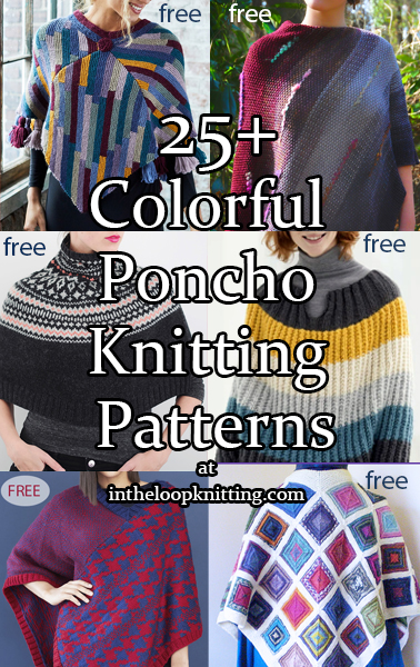 Knitting patterns for colorful ponchos with stripes, fair isle, mosaic colorwork, and more. Most patterns are free.