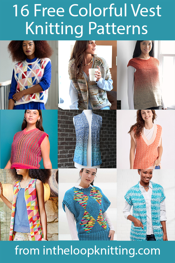 Free knitting patterns for pullover and cardigan vests and tops in colorful patterns, including stash busters for leftover and scrap yarn.