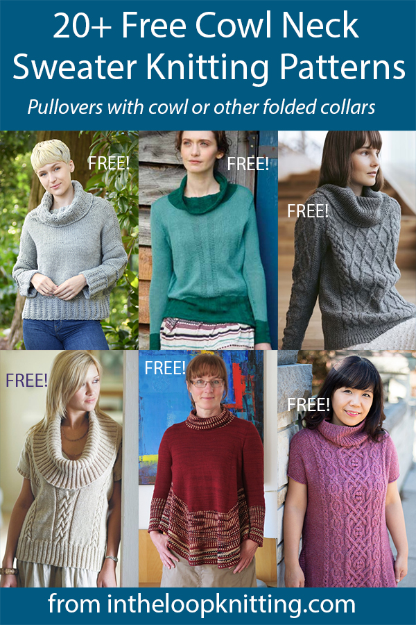 Free knitting patterns for pullover sweaters with a cowl or turtleneck collar. Most patterns are free.