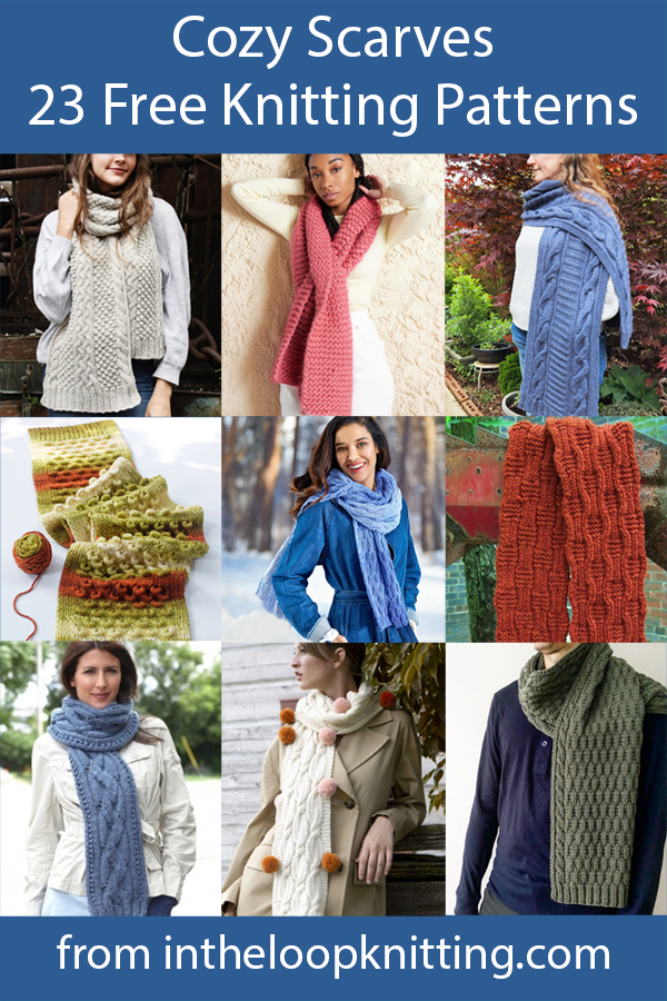 Cozy Scarf Knitting Patterns. Free scarf knitting patterns that keep you cozy with thick warm fabric created with cables, textured stitches, or bulky yarns. Many are great for women and men. Most of the patterns are free.