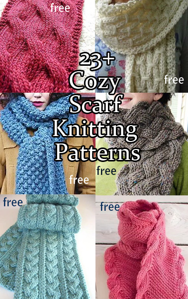 Cozy Scarf Knitting Patterns. Free scarf knitting patterns that keep you cozy with thick warm fabric created with cables, textured stitches, or bulky yarns. Many are great for women and men. Most of the patterns are free. Updated 6/6/23