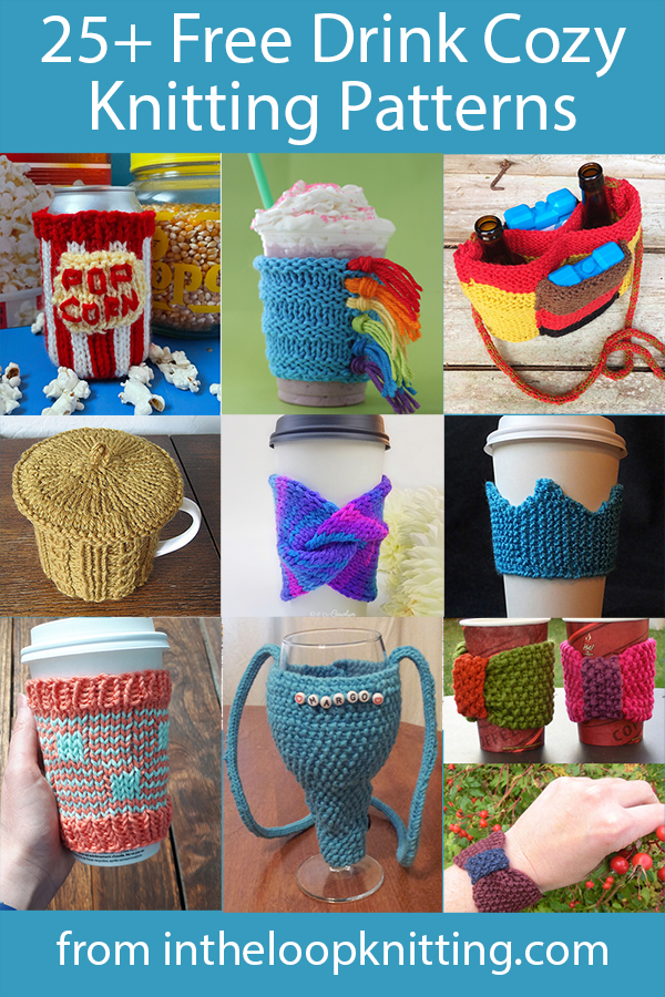 Beverage Cosy Knitting Patterns for cans, cups, bottles, and cups to keep your drink hot or cold and comfy to hold. They make great gifts too for the coffee or tea lover in your life! Most patterns are free.