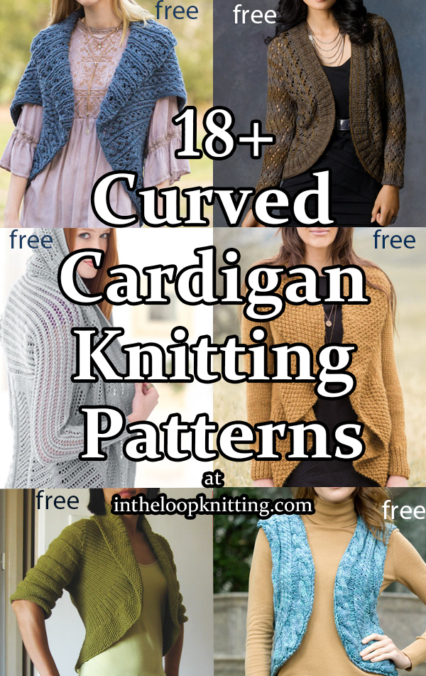 Curved Cardigan Knitting patterns for shrugs, vests, and cardigans with with flattering curved edges or circle silhouette. Most are free.