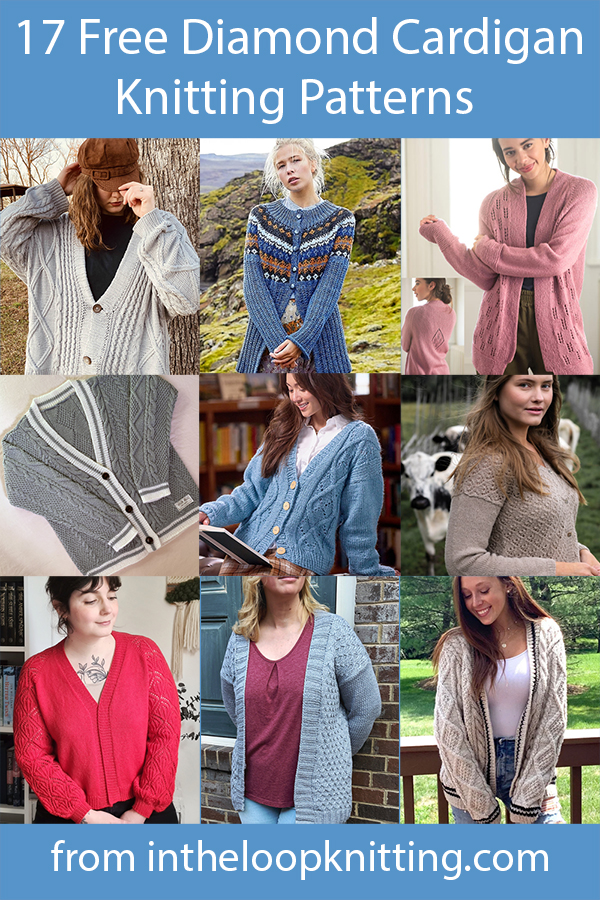 Free knitting patterns for cardigans knit with diamond patterns in lace, color, cables, and texture. Most patterns are free.