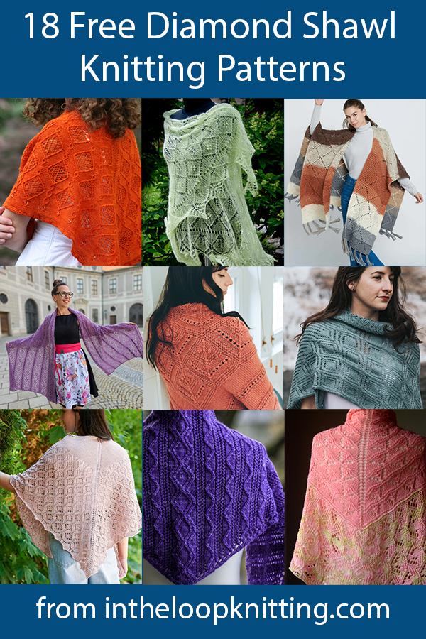 Free knitting patterns for shawls knit with diamond motifs in cables, lace, and color.