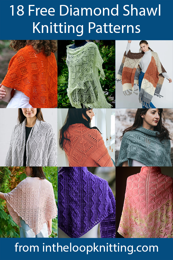 Free knitting patterns for shawls knit with diamond motifs in cables, lace, and color.
