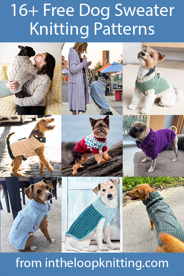 Free knitting patterns for dog coats, including some with matching outfits for human companions.