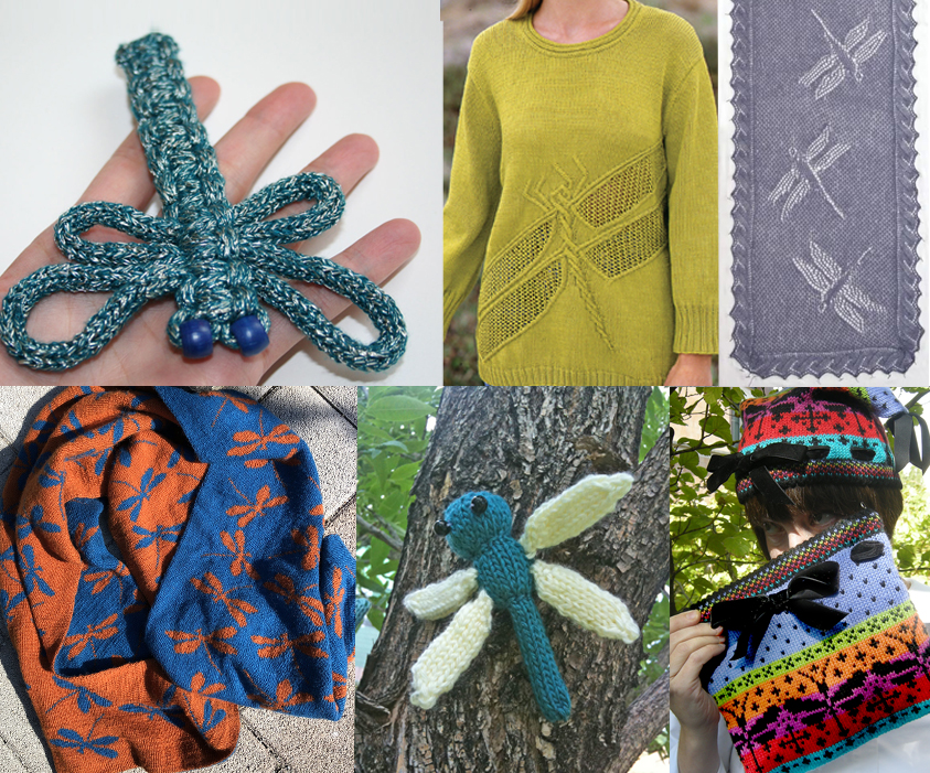 Knitting patterns for shawls, toys, bags, sweaters, hats, and more featuring dragonflies.. Most patterns are free.