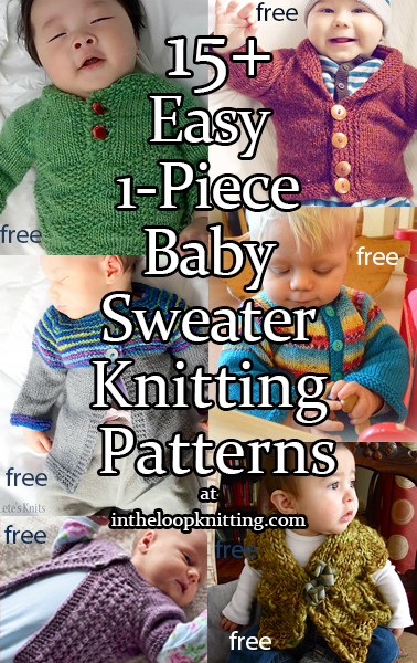 Knitting patterns for baby cardigans and pullover sweaters rated easy by Ravelrers or the designer and knit from the top down in one piece with minimal seaming.	 Most patterns are free.