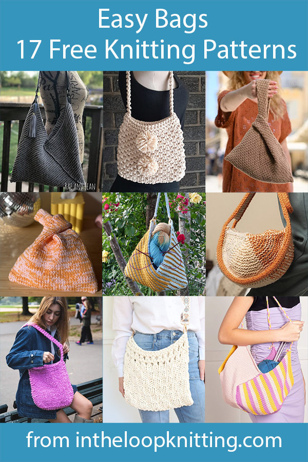 Easy totes, purses, knot bags, and more. Most are knit flat, some in garter stitch, many suitable for beginners. Most patterns are free.