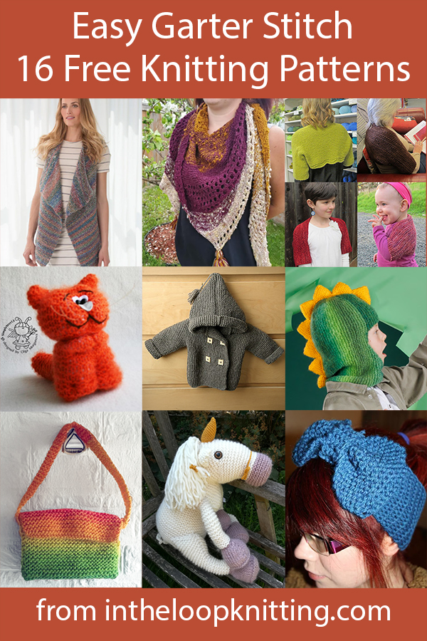 Knitting patterns for toys, clothes, and other projects  knit in garter stitch. Most patterns are free.