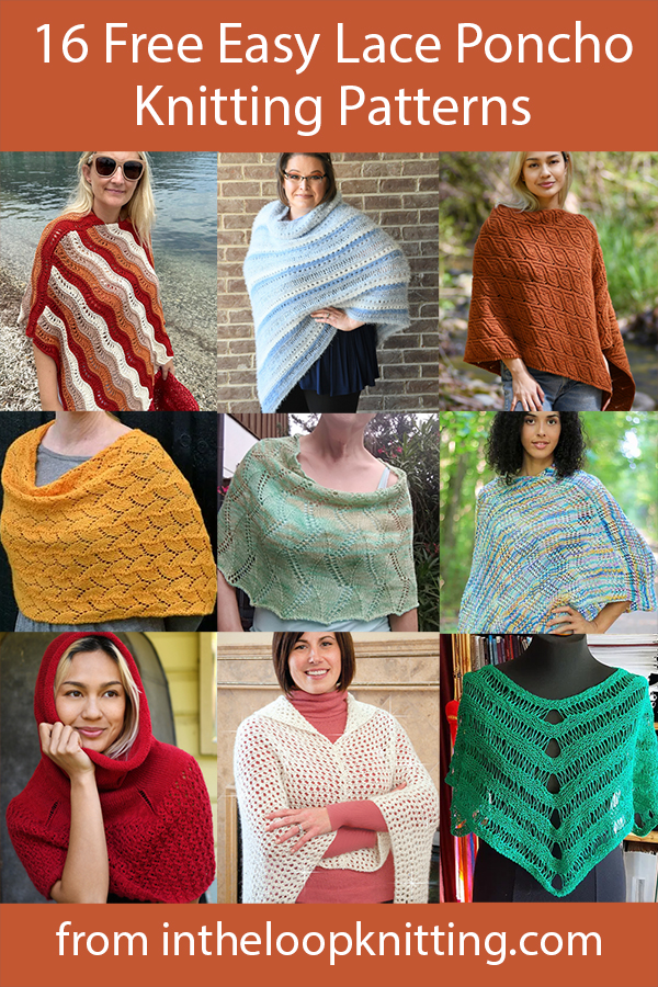 Free easy poncho knitting patterns using easy lace stitches like eyelets. Many are knit flat. Most patterns are free. 