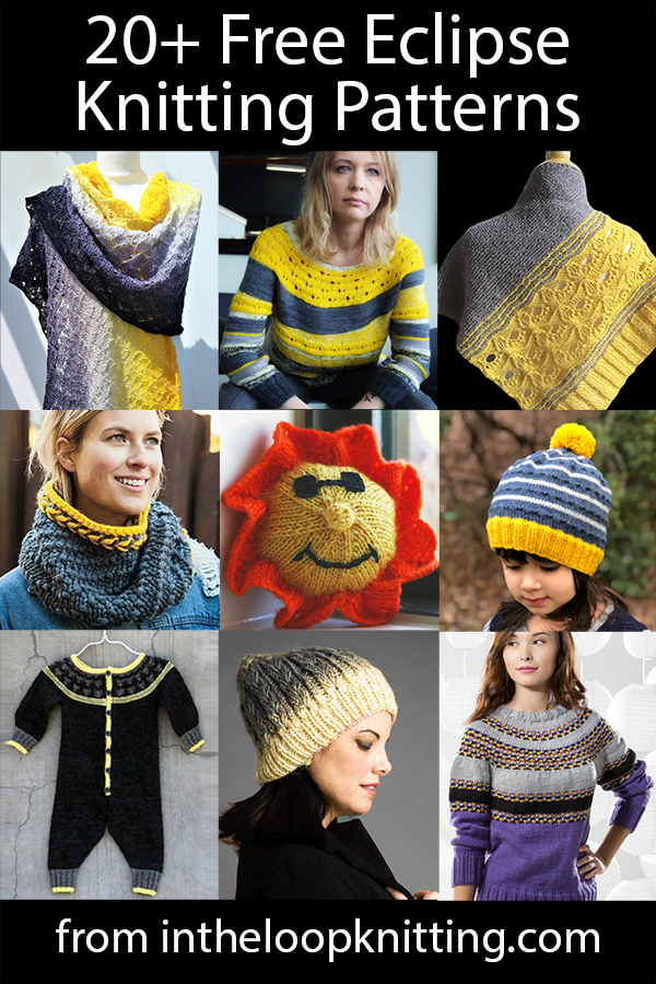 Free knitting patterns for shawls, hats, sweaters, and more with solar eclipse related themes and looks. Most patterns are free. 