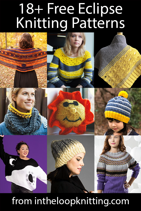 Free knitting patterns for shawls, hats, sweaters, and more with solar eclipse related themes and looks. Most patterns are free. 