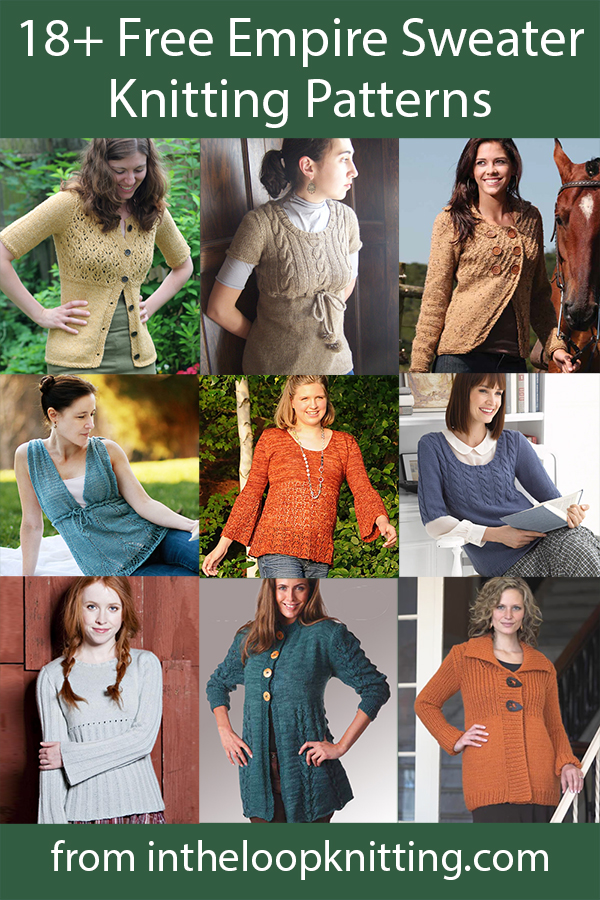 Free knitting patterns for pullovers, cardigans, and other tops with empire waistline. Many of the patterns are free.