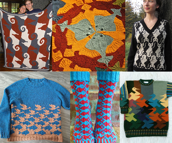 Escher inspired knitting patterns including tessellated designs and more.