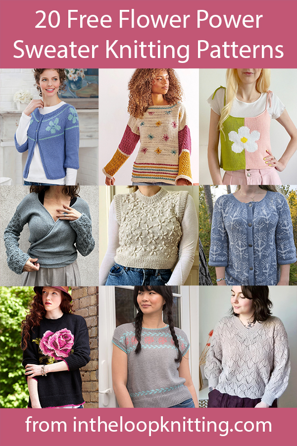 Free knitting patterns for women's pullovers and cardigans with flower motifs in colorwork, textures, embroidery, and more. Most patterns are free.