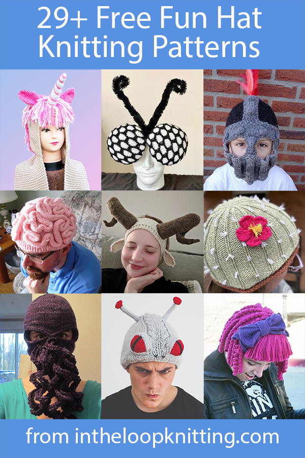 Fun Hats Knitting Patterns. Looking for a fun costume idea or a great gift for a fan? Or a way to cheer someone who has lost their hair? Try these knitting patterns for novelty hats. Most patterns are free.