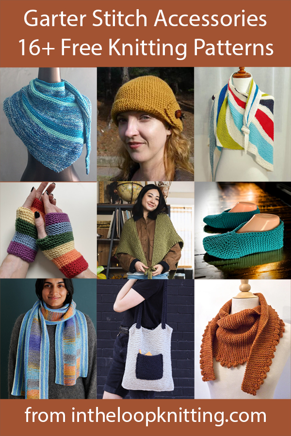 Shawls, scarves, slippers, mitts, hats, and more knit primarily with garter stitch. Most patterns are free.