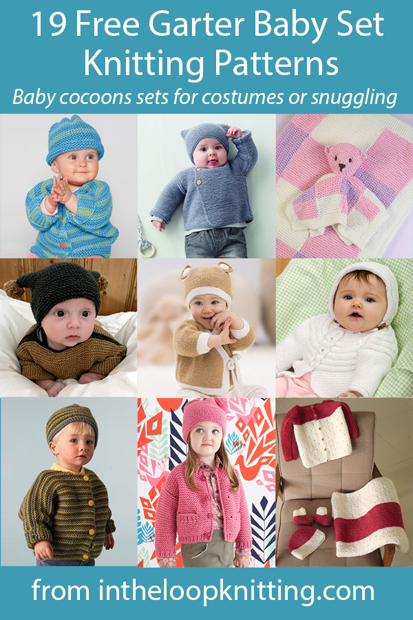 Free knitting patterns for matching baby layette sets knit mostly in garter stitch. Most patterns are free. Updated 7/24/23.