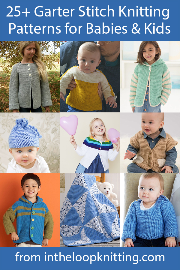 Knitting Patterns in Garter Stitch for Babies and Kids including sweaters, hats, blankets, booties, and more. Most patterns are free.
