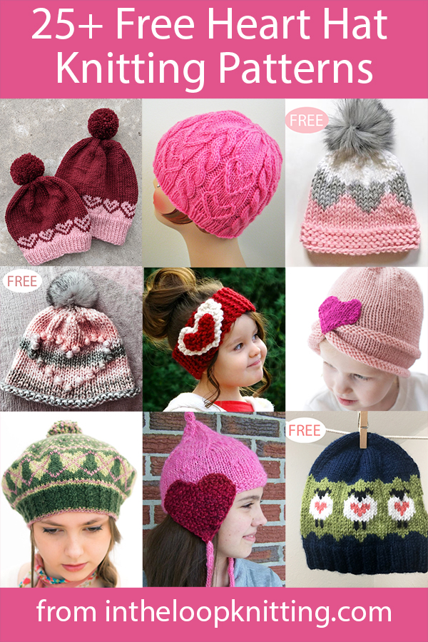 Free knitting patterns for hats with heart motifs for babies, children, and adults. Most patterns are free..