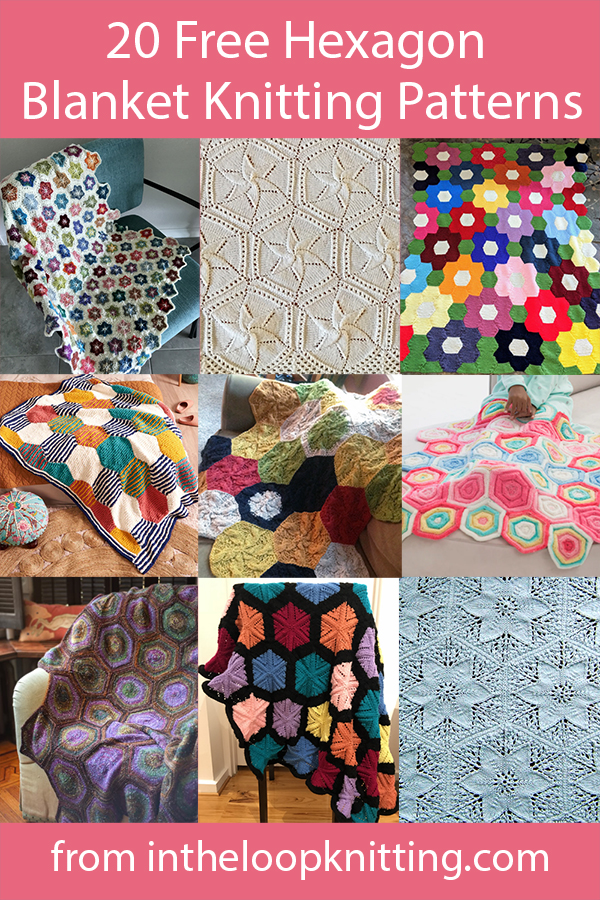 Free knitting patterns for blankets knit with a hexagon shapes. Many are great portable projects and stash busters.