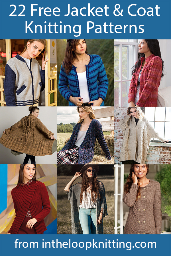 Jacket and Coat Knitting Patterns. Knitting patterns for outerwear cardigan sweaters that are extra cozy and warm for cooler weather or cool nights in warmer seasons. Most patterns are free.