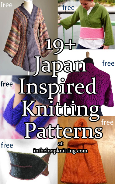 Japan Inspired Knitting Patterns. Knitting patterns inspired by Japanese style including kimonos, sashes, knot bags.  Most patterns are free. Updated 9/14/2022