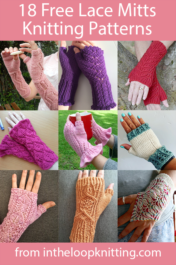 Free knitting patterns for fingerless mitts and other handwear knit with lace.