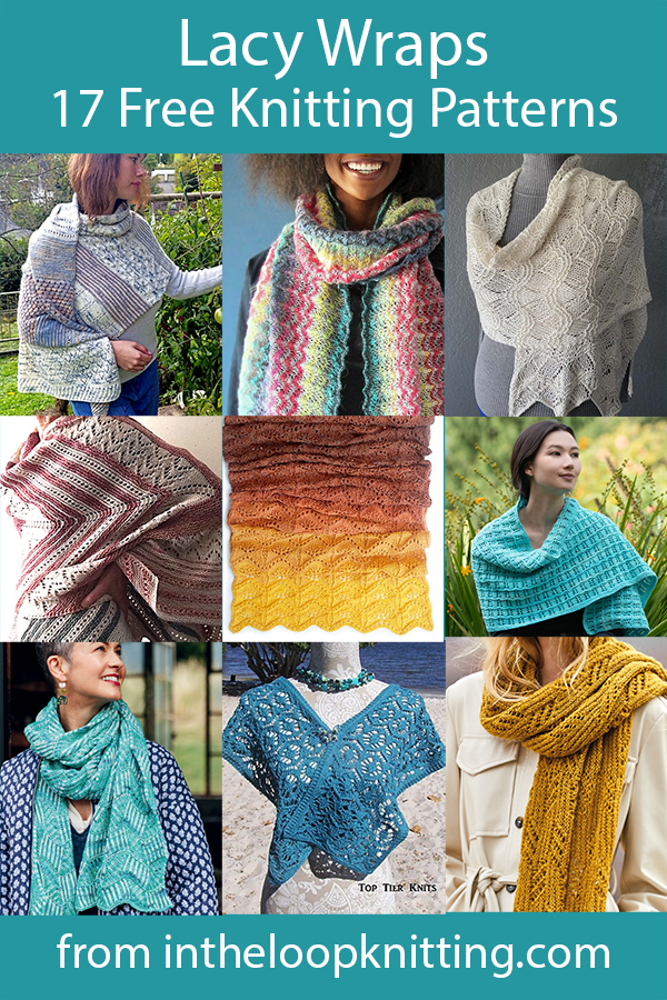 Free knitting patterns for rectangular stoles, shawls, and scarf wraps featuring lace designs and other airy textures.