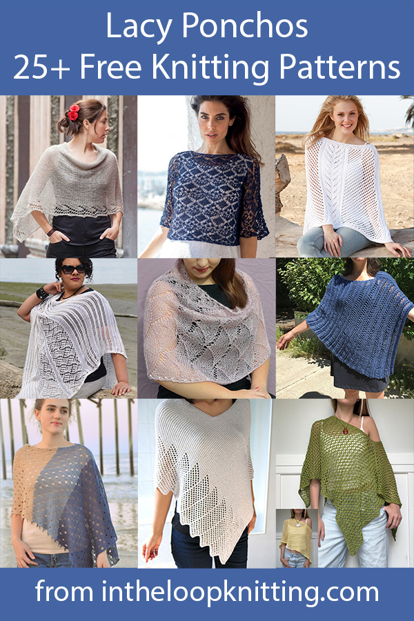 Lighter Poncho Knitting Patterns. These lightweight ponchos are perfect for warmer weather in a variety of styles from beachwear to evening. Most patterns are free.