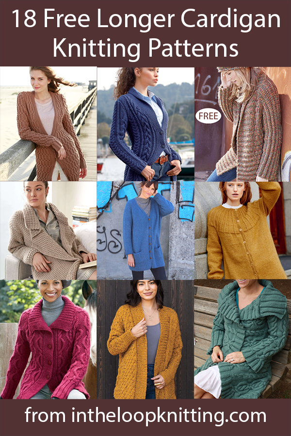 Free knitting patterns for cardigan sweaters in coat, duster, other longer silhouettes. Updated 11/27/23